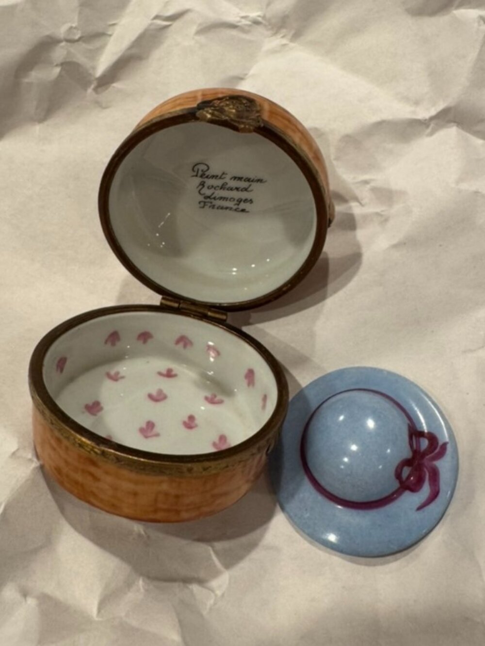 Rochard Limoges France Hand Painted Hatbox Trinket Box with Miniature Hat